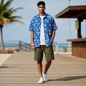 Buc-ee's Island Mens L Tropical  Camper Soda Floral Palm Trees Relaxed Shirt NEW